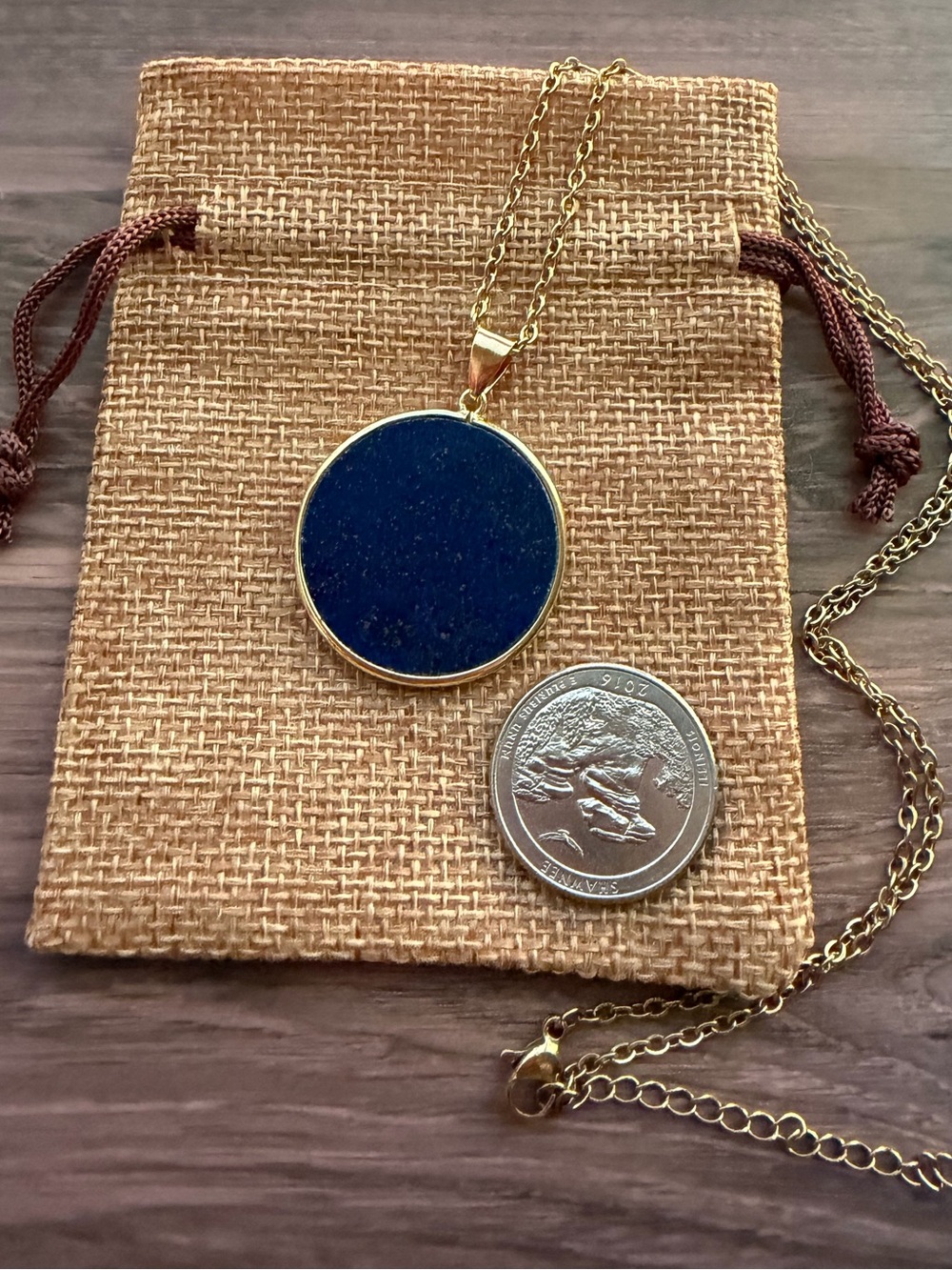 Genuine Lapis Lazuli Round Pendant Lapis Necklace Minimalist Crystal Necklace - Picture 2 of 3